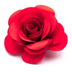 rolled paper flower by clikchic designs made with deep round petals in red cardstock, shaped to resemble a romantic rose for diy papercrafts
