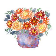 Fall orange ranunculas and red daisies watercolor bouquet in a blue pot with offset, designed for Silhouette Print & Cut.