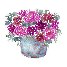 Purple and burgundy watercolor fall ranunculas and daisies in a flower pot with offset border for Print & Cut projects.
