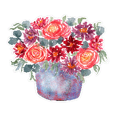 Fall Ranunculas and Daisies Watercolor floral arrangement in a blue pot with offset border for Silhouette Print & Cut.