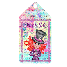 Whimsical Drink Me tag featuring a watercolor Mad Hatter with a teacup over a pastel Alice in Wonderland book page background
