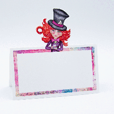 watercolour mad hatter place card with pink storybook border