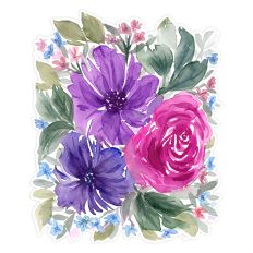 watercolor floral bouquet with magenta rose and purple flowers, hand painted, for print and cut crafts