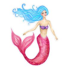 Watercolor Mermaid with Blue Hair and Pink Tail Print & Cut