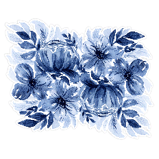 Large navy blue watercolor flower arrangement with white cut border