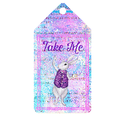 Watercolor White Rabbit gift tag with “Take Me” text on a pastel Alice in Wonderland book page background.
