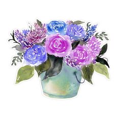 watercolor bouquet of purple roses, dahlias, and lavender in a green bucket, hand painted, for print and cut crafts