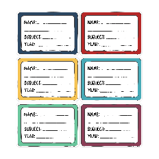 Muted school book label stickers with editable name, subject, and year fields for Print & Cut