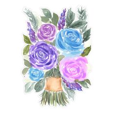 watercolor bouquet of blue, purple and lavender roses with greenery and ribbon, hand painted, for print and cut crafts