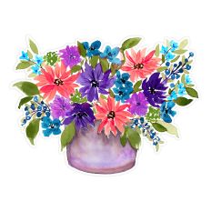 watercolor bouquet of summer daisies and wildflowers in a purple pot, hand painted, for print and cut crafts