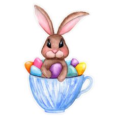 Brown Easter Bunny in Blue Teacup with Eggs Print and Cut File for Stickers, Cards & Crafts
