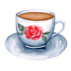 blue teacup with red rose and saucer in watercolor style for printable crafting