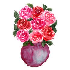 Red Pink Valentines Watercolor Roses Flowers in Vase Print and Cut