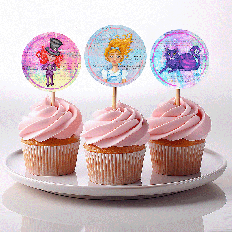 cupcake toppers featuring alice mad hatter and cheshire cat on pastel backgrounds