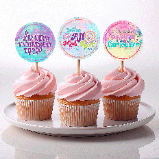 three alice in wonderland cupcake toppers with bright text and watercolour backgrounds