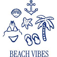 Beach vibes doodles with seashells, swimwear, palm tree