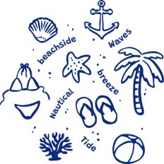 Beach nautical doodles with seashells, palm trees