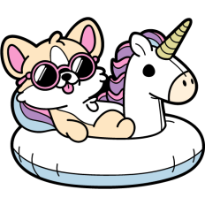 corgi on an inflatable unicorn