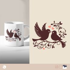 Love Birds on Branch with Hearts Silhouette