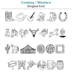 Cowboy dingbat, western dingbat, cowboy hat, horse, bull, cowboy boots, horseshoe, barn, guitar, gun, cactus,sheriff badge, barrell, beer mug