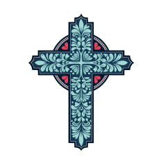 Layered cross with flourishes and ring