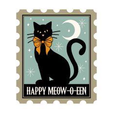 Happy Meowoween postage stamp with black cat