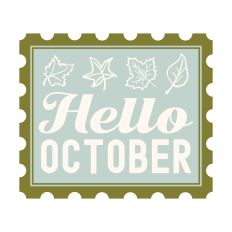 Hello October postage stamp with leaves
