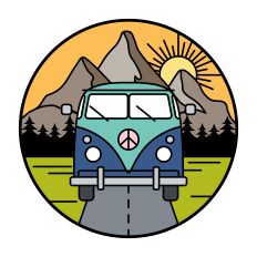 Circle Design with Van, Mountains and Sun