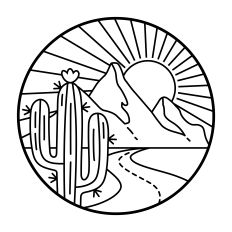 Round with Cactus Mountains Sunshine Outlined Design