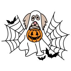 Dog dressed as Ghost with Bats and Spider Web