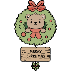 cute bear in a christmas wreath with wood sign