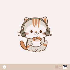 Kawaii Cat with Headphones Eating Cake SVG