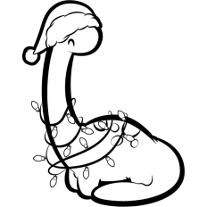cute brontosaurus with santa hat and christmas lights lineart
