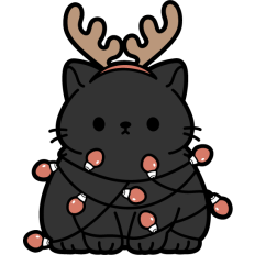 cat tangled in christmas lights with reindeer horns