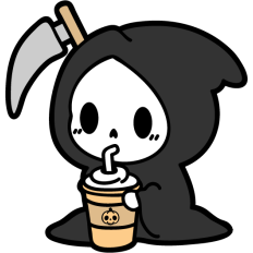 cute grim reaper drinking pumpkin latte