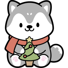 cute husky holding christmas tree 