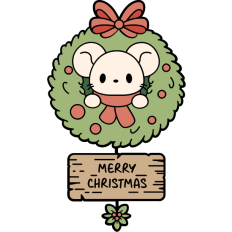 cute mouse in a christmas wreath with wood sign