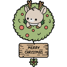 cute reindeer in a christmas wreath with wood sign