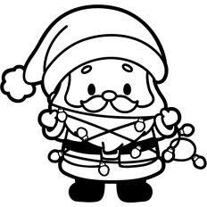 cute santa tangled in christmas lights lineart