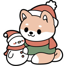 cute winter shiba inu building snowman