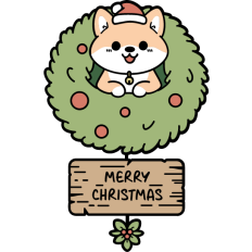cute shiba inu in a christmas wreath with wood sign