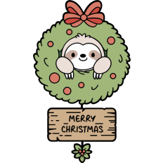cute sloth in a christmas wreath with wood sign