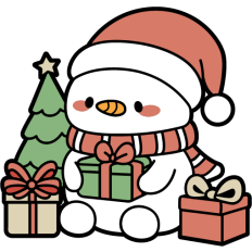 cute snowman with santa hat and christmas presents