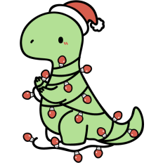 cute christmas dinosaur tangled in christmas lights