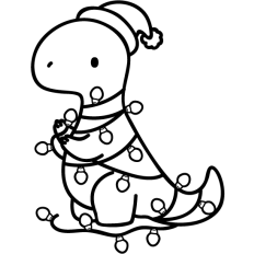 cute dino tangled in christmas lights lineart