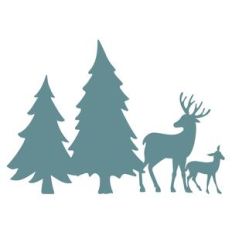 two pine trees with deer family