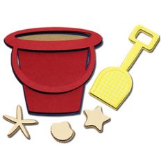 sand pail, sea shells, and shovel