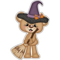halloween bear witch with broom sticker / die cut