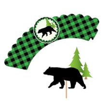 bear on buffalo plaid cupcake wrapper and topper