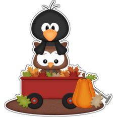 autumn owl and crow in wagon